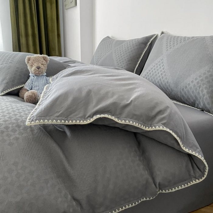 91家纺网 家纺一手货源 找家纺 金丝鸟 2023新款A类60支全棉水洗棉华夫格系列四件套 拉夫格 灰