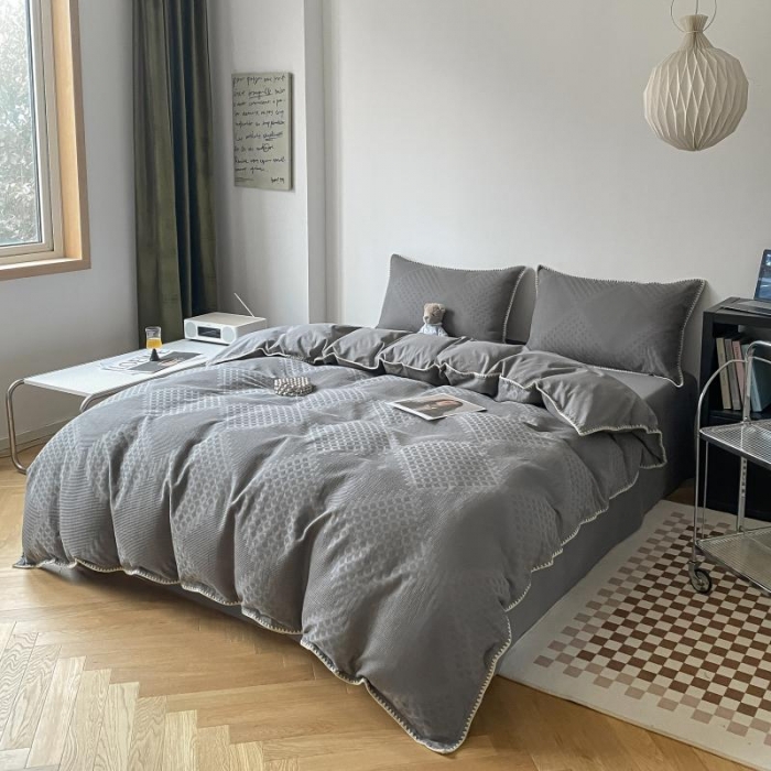 91家纺网 家纺一手货源 找家纺 金丝鸟 2023新款A类60支全棉水洗棉华夫格系列四件套 拉夫格 灰