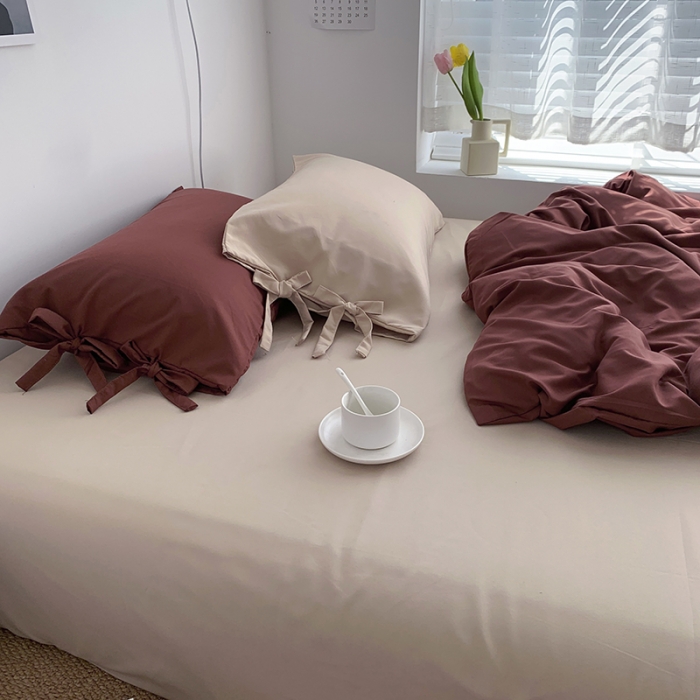 91家纺网 家纺一手货源 找家纺 曼谷家纺 新款美棉磨毛纯色系带混搭拼色蝴蝶结四件套 焦糖奶茶（系带款）