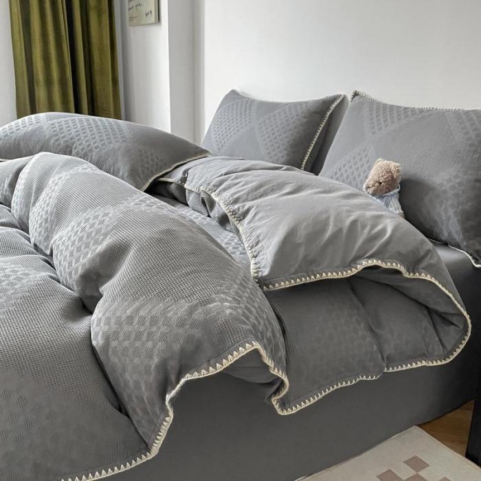 91家纺网 家纺一手货源 找家纺 金丝鸟 2023新款A类60支全棉水洗棉华夫格系列四件套 拉夫格 灰