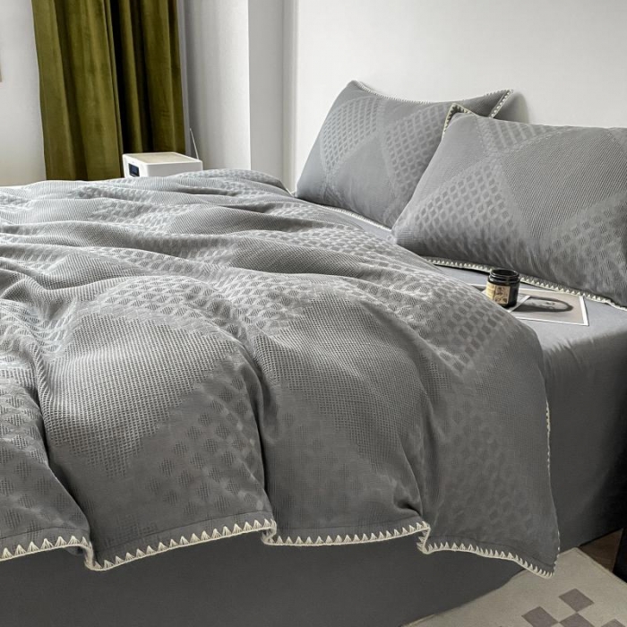 91家纺网 家纺一手货源 找家纺 金丝鸟 2023新款A类60支全棉水洗棉华夫格系列四件套 拉夫格 灰