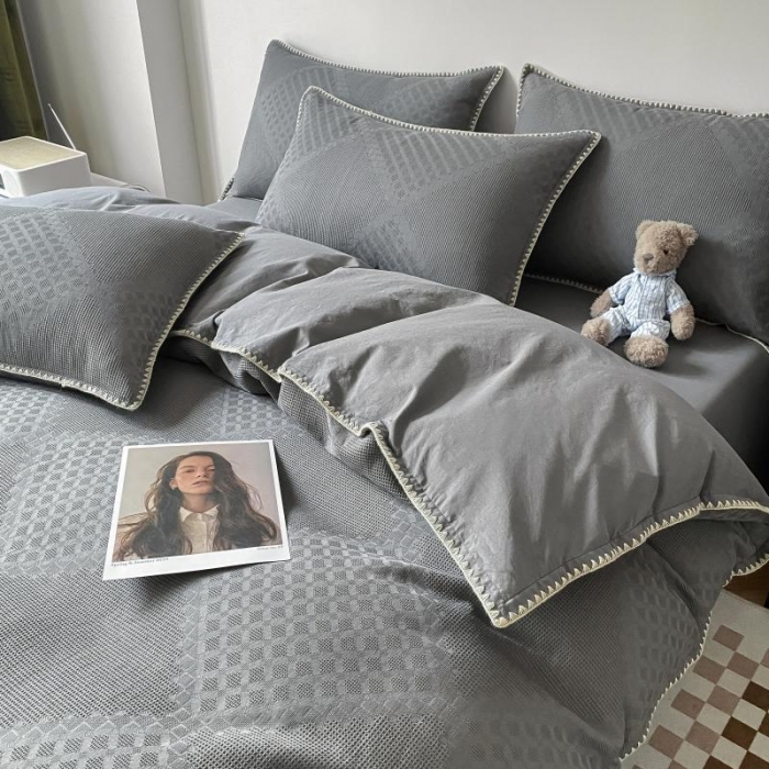 91家纺网 家纺一手货源 找家纺 金丝鸟 2023新款A类60支全棉水洗棉华夫格系列四件套 拉夫格 灰