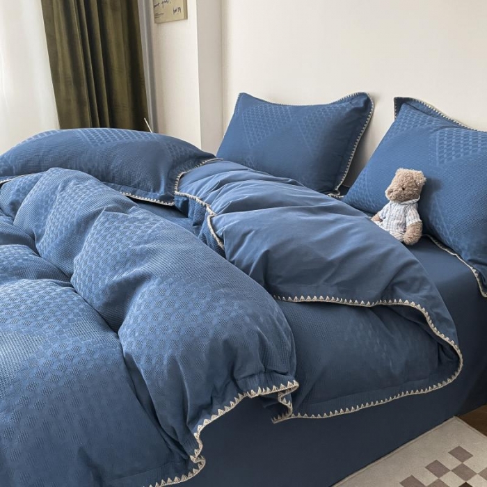 91家纺网 家纺一手货源 找家纺 金丝鸟 2023新款A类60支全棉水洗棉华夫格系列四件套 拉夫格 蓝