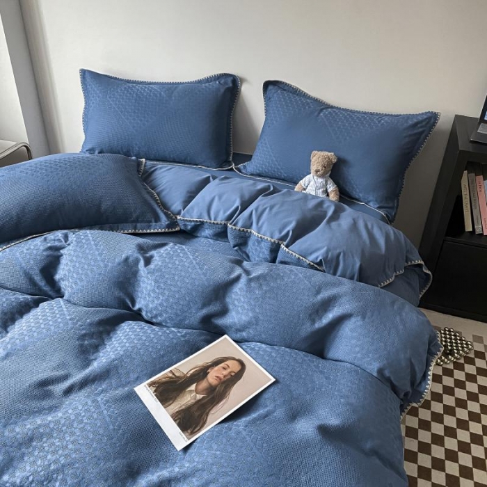 91家纺网 家纺一手货源 找家纺 金丝鸟 2023新款A类60支全棉水洗棉华夫格系列四件套 拉夫格 蓝