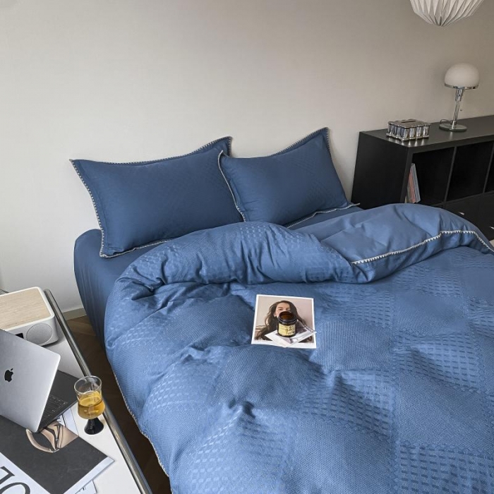 91家纺网 家纺一手货源 找家纺 金丝鸟 2023新款A类60支全棉水洗棉华夫格系列四件套 拉夫格 蓝