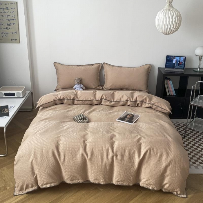 91家纺网 家纺一手货源 找家纺 金丝鸟 2023新款A类60支全棉水洗棉华夫格系列四件套 拉夫格 驼