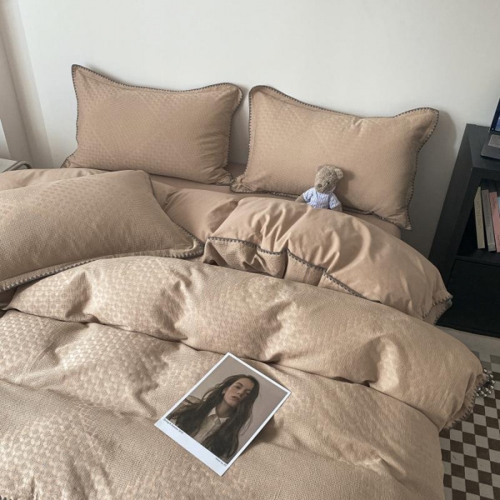 91家纺网 家纺一手货源 找家纺 金丝鸟 2023新款A类60支全棉水洗棉华夫格系列四件套 拉夫格 驼