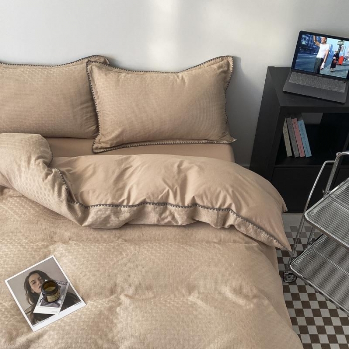 91家纺网 家纺一手货源 找家纺 金丝鸟 2023新款A类60支全棉水洗棉华夫格系列四件套 拉夫格 驼