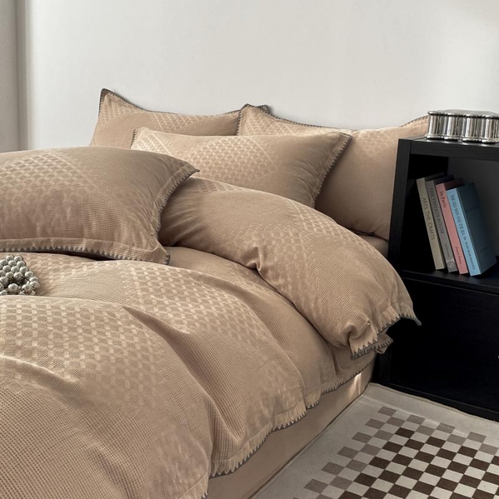 91家纺网 家纺一手货源 找家纺 金丝鸟 2023新款A类60支全棉水洗棉华夫格系列四件套 拉夫格 驼