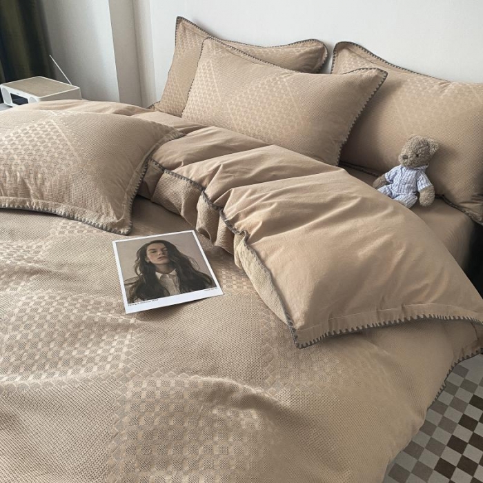 91家纺网 家纺一手货源 找家纺 金丝鸟 2023新款A类60支全棉水洗棉华夫格系列四件套 拉夫格 驼