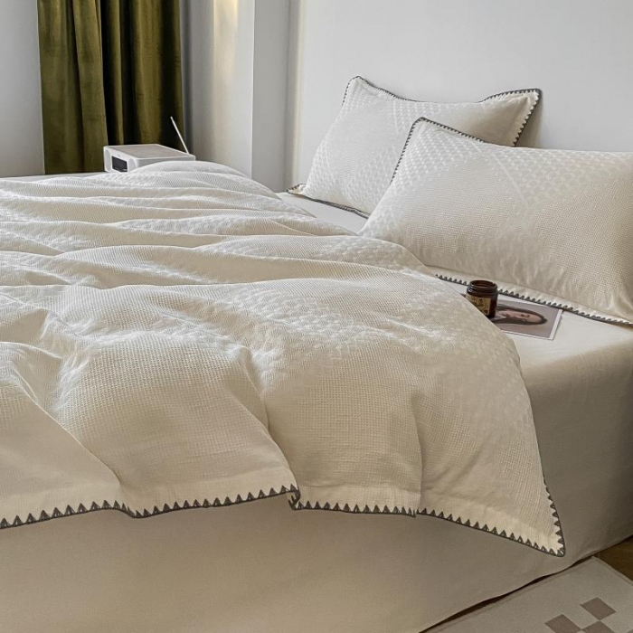 91家纺网 家纺一手货源 找家纺 金丝鸟 2023新款A类60支全棉水洗棉华夫格系列四件套 拉夫格 白