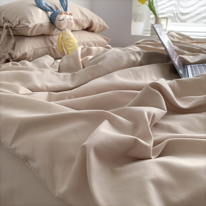 91家纺网 家纺一手货源 找家纺 曼谷家纺 新款美棉磨毛纯色系带混搭拼色蝴蝶结四件套 奶茶（系带款）