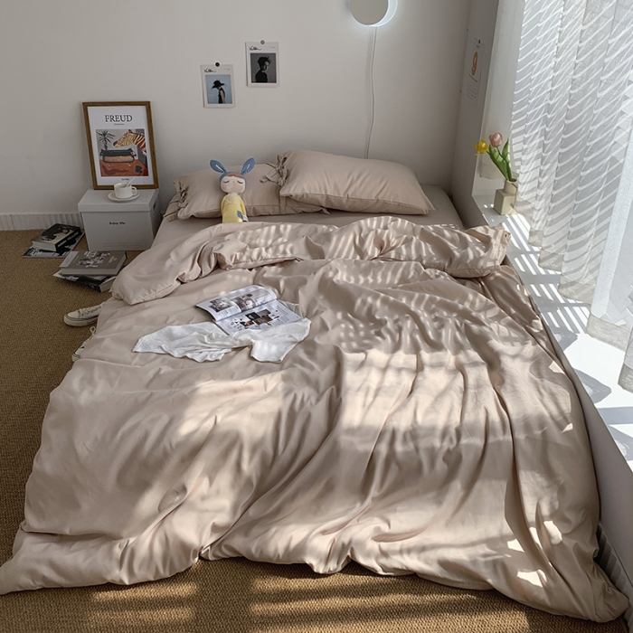 91家纺网 家纺一手货源 找家纺 曼谷家纺 新款美棉磨毛纯色系带混搭拼色蝴蝶结四件套 奶茶（系带款）