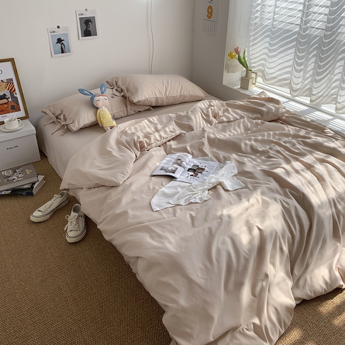 91家纺网 家纺一手货源 找家纺 曼谷家纺 新款美棉磨毛纯色系带混搭拼色蝴蝶结四件套 奶茶（系带款）