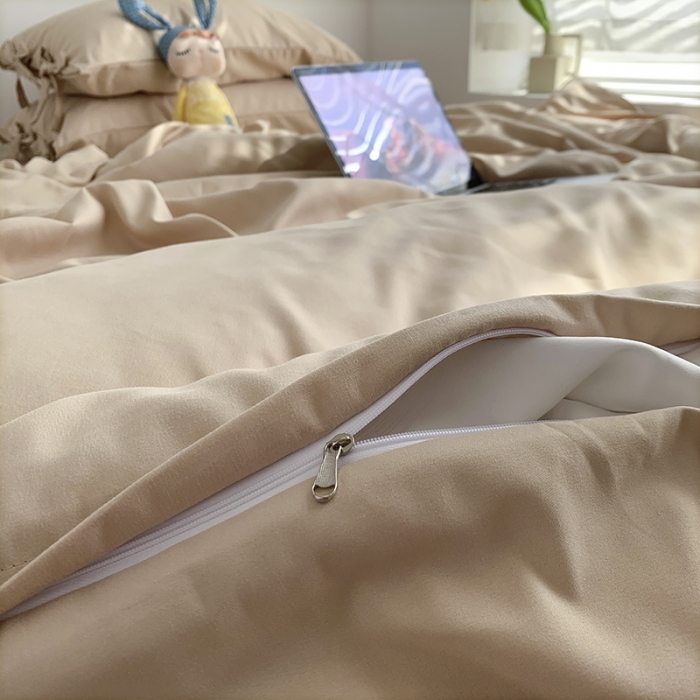 91家纺网 家纺一手货源 找家纺 曼谷家纺 新款美棉磨毛纯色系带混搭拼色蝴蝶结四件套 奶茶（系带款）