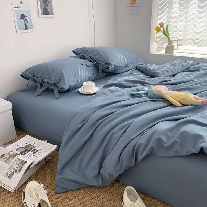 91家纺网 家纺一手货源 找家纺 曼谷家纺 新款美棉磨毛纯色系带混搭拼色蝴蝶结四件套 浅石蓝（系带款）