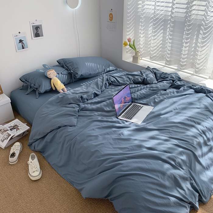 91家纺网 家纺一手货源 找家纺 曼谷家纺 新款美棉磨毛纯色系带混搭拼色蝴蝶结四件套 浅石蓝（系带款）