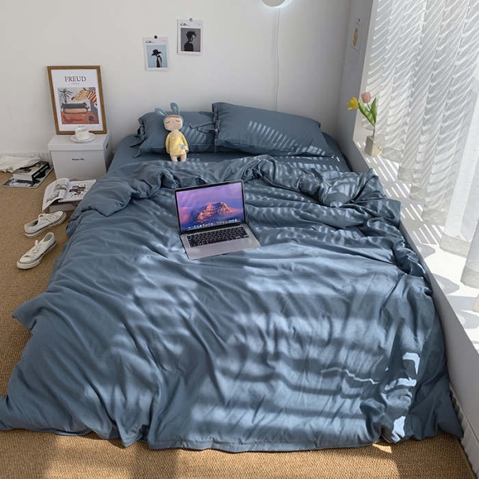 91家纺网 家纺一手货源 找家纺 曼谷家纺 新款美棉磨毛纯色系带混搭拼色蝴蝶结四件套 浅石蓝（系带款）