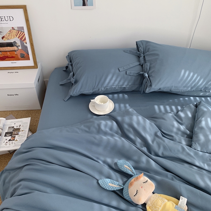 91家纺网 家纺一手货源 找家纺 曼谷家纺 新款美棉磨毛纯色系带混搭拼色蝴蝶结四件套 浅石蓝（系带款）