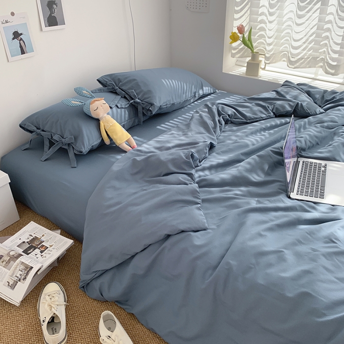 91家纺网 家纺一手货源 找家纺 曼谷家纺 新款美棉磨毛纯色系带混搭拼色蝴蝶结四件套 浅石蓝（系带款）