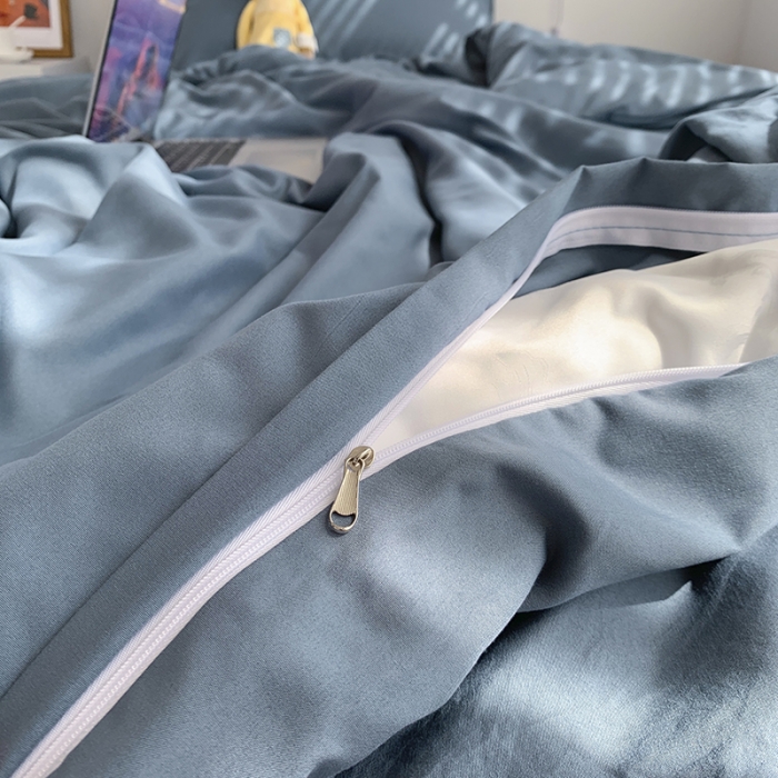 91家纺网 家纺一手货源 找家纺 曼谷家纺 新款美棉磨毛纯色系带混搭拼色蝴蝶结四件套 浅石蓝（系带款）