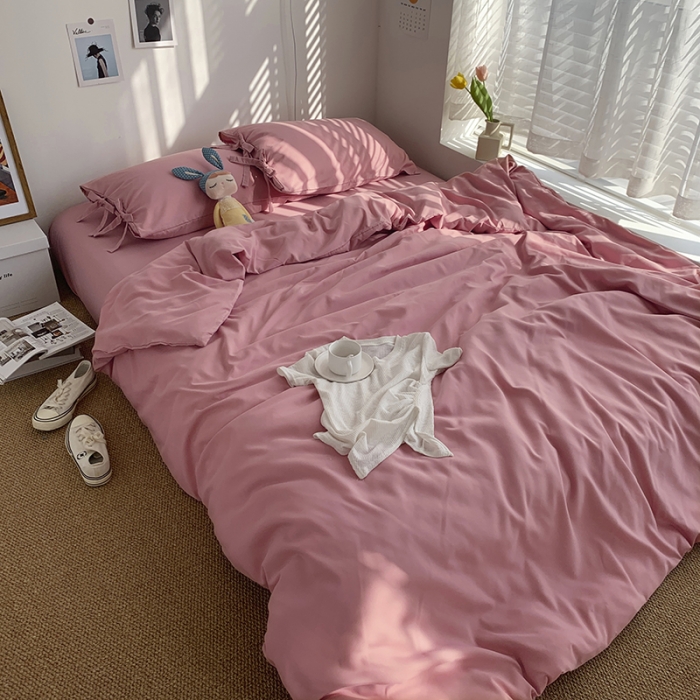 91家纺网 家纺一手货源 找家纺 曼谷家纺 新款美棉磨毛纯色系带混搭拼色蝴蝶结四件套 桃桃奶昔（系带款）