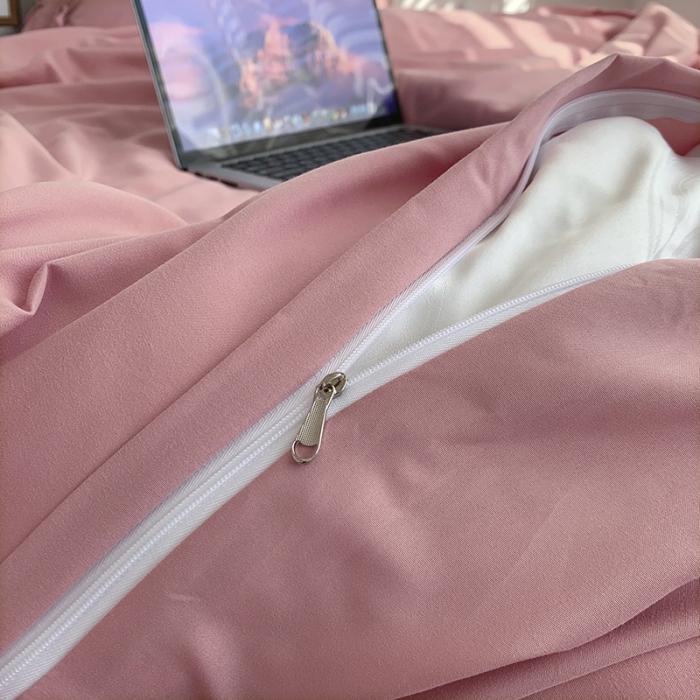 91家纺网 家纺一手货源 找家纺 曼谷家纺 新款美棉磨毛纯色系带混搭拼色蝴蝶结四件套 桃桃奶昔（系带款）