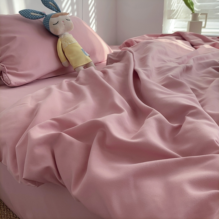 91家纺网 家纺一手货源 找家纺 曼谷家纺 新款美棉磨毛纯色系带混搭拼色蝴蝶结四件套 桃桃奶昔（系带款）