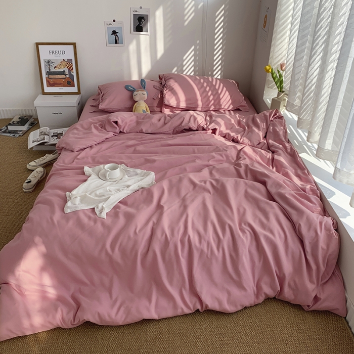 91家纺网 家纺一手货源 找家纺 曼谷家纺 新款美棉磨毛纯色系带混搭拼色蝴蝶结四件套 桃桃奶昔（系带款）