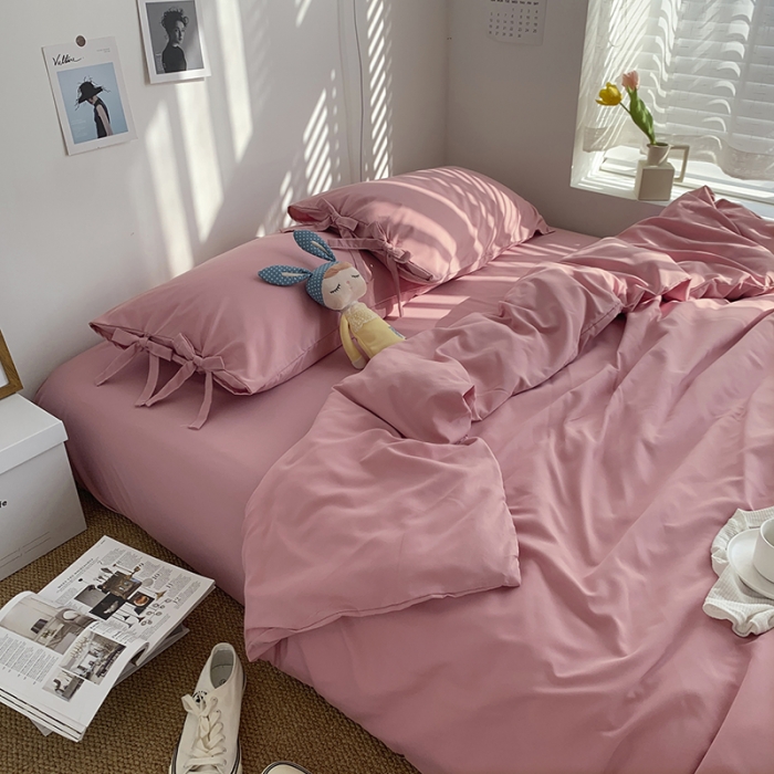 91家纺网 家纺一手货源 找家纺 曼谷家纺 新款美棉磨毛纯色系带混搭拼色蝴蝶结四件套 桃桃奶昔（系带款）