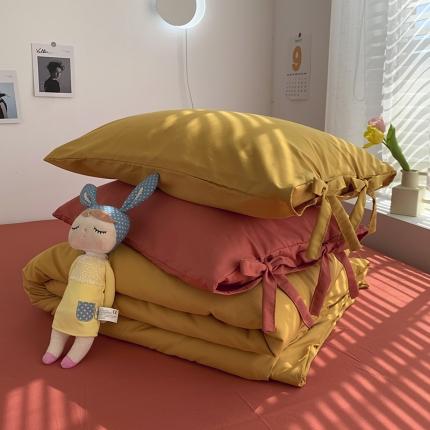 曼谷家纺 新款美棉磨毛纯色系带混搭拼色蝴蝶结四件套 杏黄甜橙（系带款）