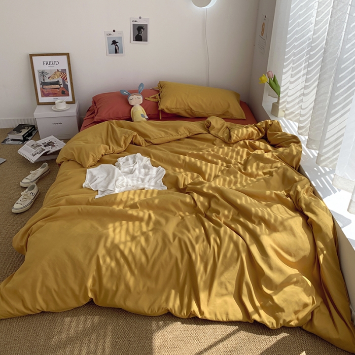 91家纺网 家纺一手货源 找家纺 曼谷家纺 新款美棉磨毛纯色系带混搭拼色蝴蝶结四件套 杏黄甜橙（系带款）