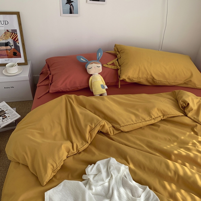 91家纺网 家纺一手货源 找家纺 曼谷家纺 新款美棉磨毛纯色系带混搭拼色蝴蝶结四件套 杏黄甜橙（系带款）