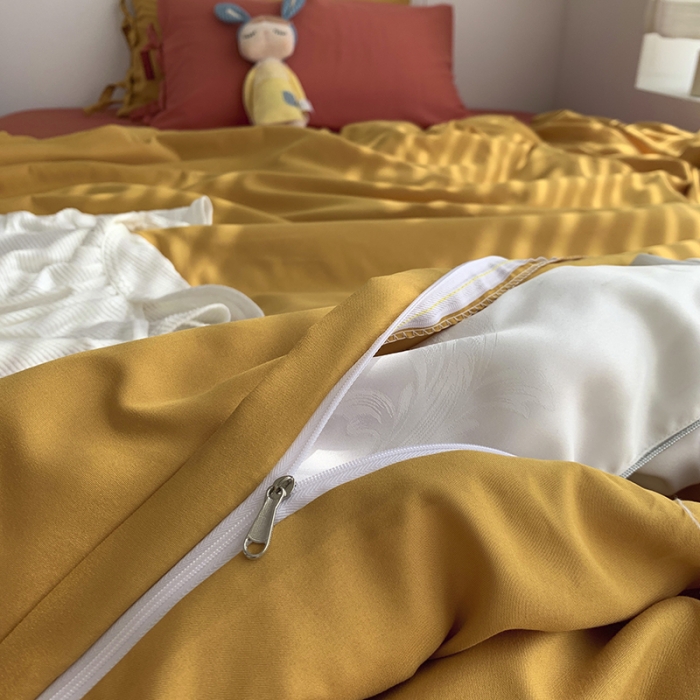 91家纺网 家纺一手货源 找家纺 曼谷家纺 新款美棉磨毛纯色系带混搭拼色蝴蝶结四件套 杏黄甜橙（系带款）