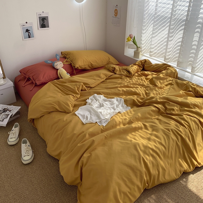 91家纺网 家纺一手货源 找家纺 曼谷家纺 新款美棉磨毛纯色系带混搭拼色蝴蝶结四件套 杏黄甜橙（系带款）