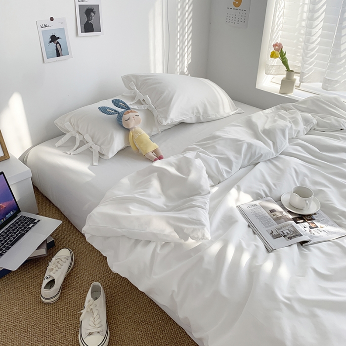 91家纺网 家纺一手货源 找家纺 曼谷家纺 新款美棉磨毛纯色系带混搭拼色蝴蝶结四件套 椰奶（系带款）