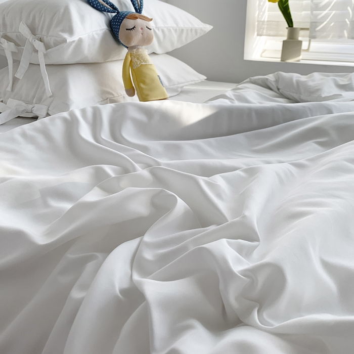 91家纺网 家纺一手货源 找家纺 曼谷家纺 新款美棉磨毛纯色系带混搭拼色蝴蝶结四件套 椰奶（系带款）