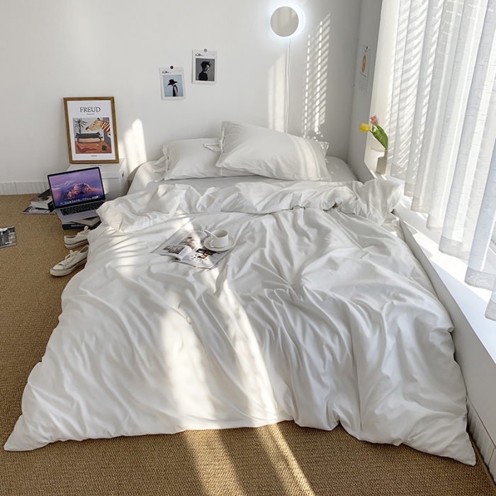 91家纺网 家纺一手货源 找家纺 曼谷家纺 新款美棉磨毛纯色系带混搭拼色蝴蝶结四件套 椰奶（系带款）