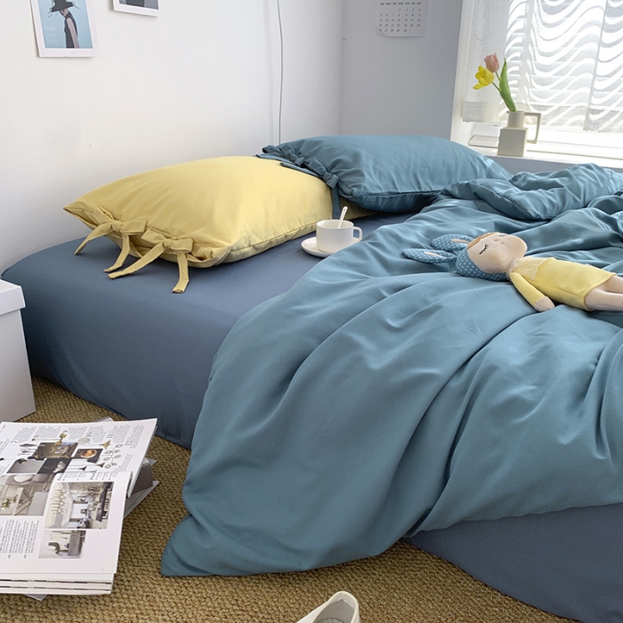 91家纺网 家纺一手货源 找家纺 曼谷新款美棉磨毛纯色系带蝴蝶结四件套月影兰浅石蓝布丁系带款