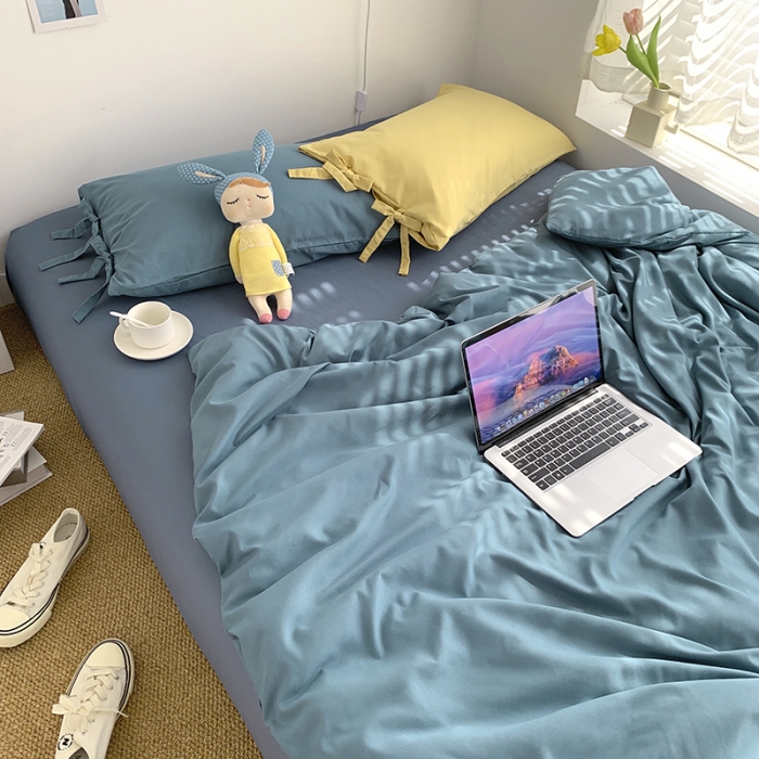 91家纺网 家纺一手货源 找家纺 曼谷新款美棉磨毛纯色系带蝴蝶结四件套月影兰浅石蓝布丁系带款