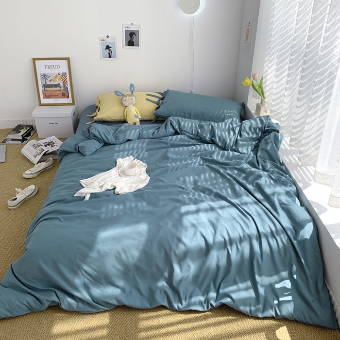 91家纺网 家纺一手货源 找家纺 曼谷新款美棉磨毛纯色系带蝴蝶结四件套月影兰浅石蓝布丁系带款