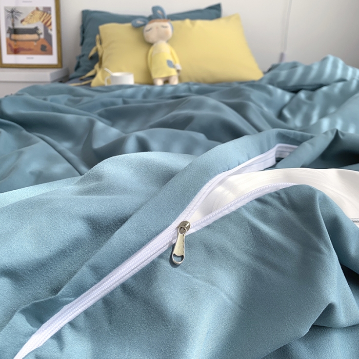 91家纺网 家纺一手货源 找家纺 曼谷新款美棉磨毛纯色系带蝴蝶结四件套月影兰浅石蓝布丁系带款