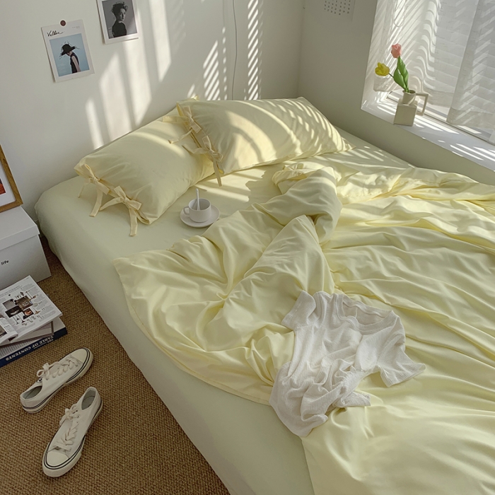 91家纺网 家纺一手货源 找家纺 曼谷家纺 新款美棉磨毛纯色系带混搭拼色蝴蝶结四件套 芝士（系带款）