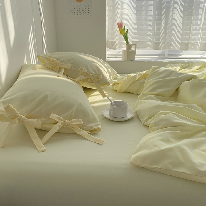 91家纺网 家纺一手货源 找家纺 曼谷家纺 新款美棉磨毛纯色系带混搭拼色蝴蝶结四件套 芝士（系带款）