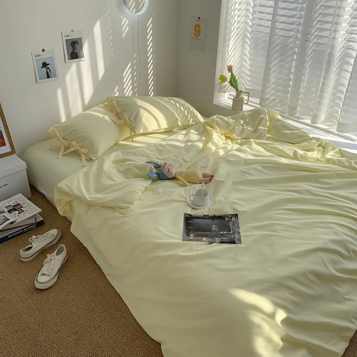 91家纺网 家纺一手货源 找家纺 曼谷家纺 新款美棉磨毛纯色系带混搭拼色蝴蝶结四件套 芝士（系带款）