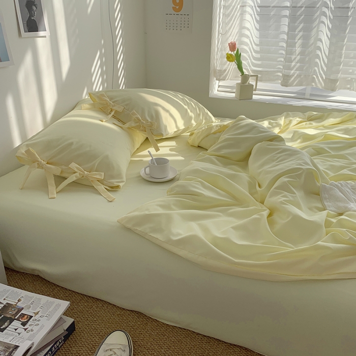 91家纺网 家纺一手货源 找家纺 曼谷家纺 新款美棉磨毛纯色系带混搭拼色蝴蝶结四件套 芝士（系带款）