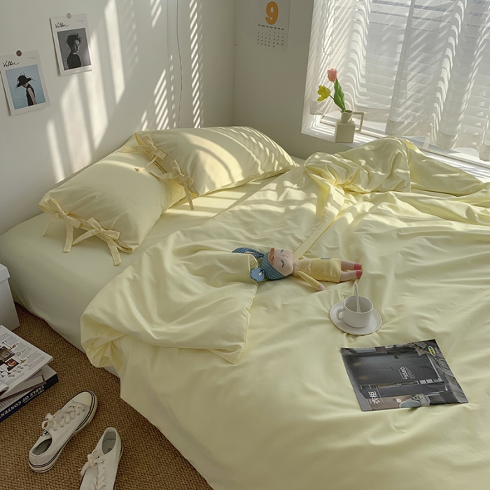 91家纺网 家纺一手货源 找家纺 曼谷家纺 新款美棉磨毛纯色系带混搭拼色蝴蝶结四件套 芝士（系带款）