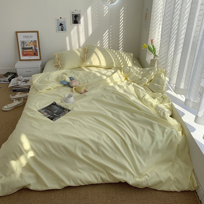 91家纺网 家纺一手货源 找家纺 曼谷家纺 新款美棉磨毛纯色系带混搭拼色蝴蝶结四件套 芝士（系带款）