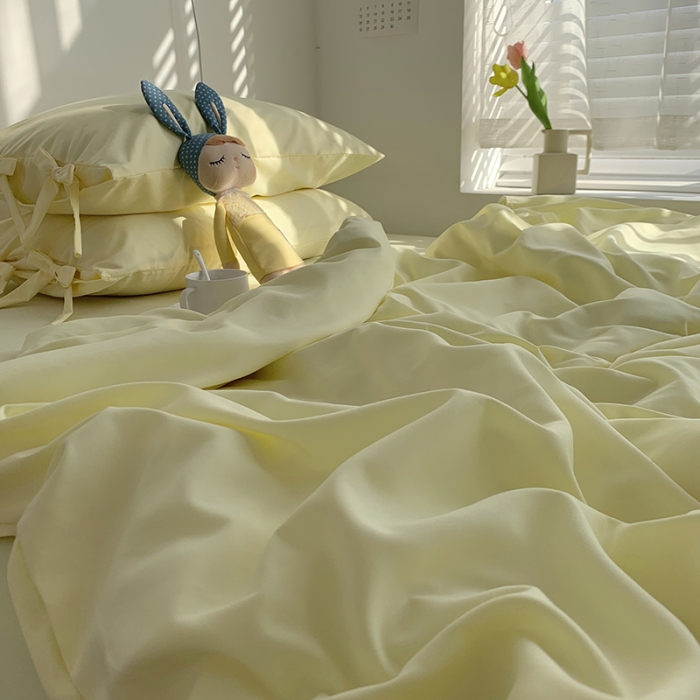 91家纺网 家纺一手货源 找家纺 曼谷家纺 新款美棉磨毛纯色系带混搭拼色蝴蝶结四件套 芝士（系带款）