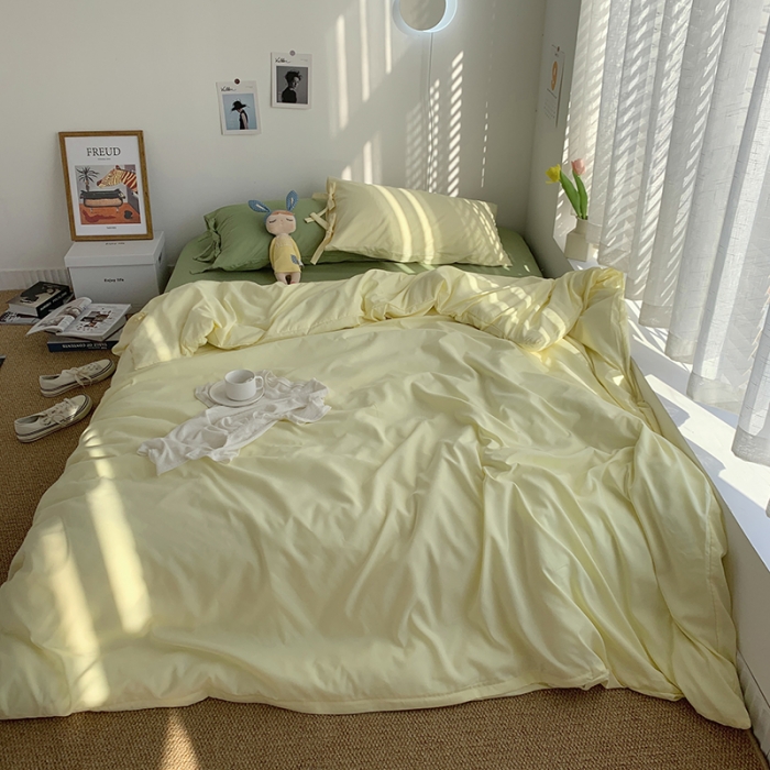 91家纺网 家纺一手货源 找家纺 曼谷家纺 新款美棉磨毛纯色系带混搭拼色蝴蝶结四件套 芝士豆绿（系带款）